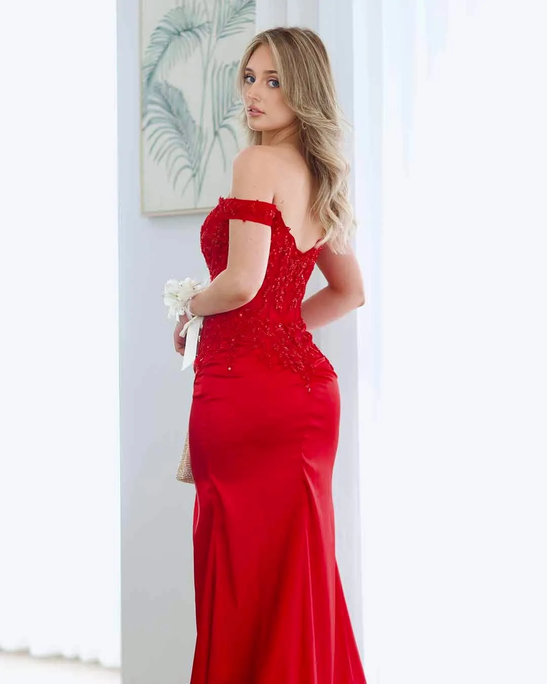 Lorel Beaded Lace Corset Gown - Red