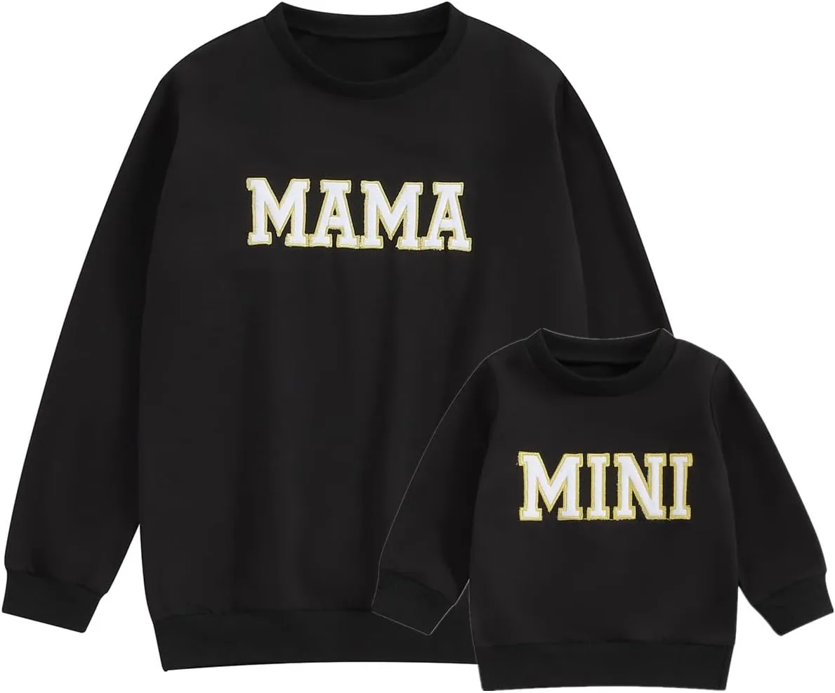 Mommy and Me Letter Print Matching Family Outfits Long Sleeve Crewneck Casual Sweatshirt T-Shirt