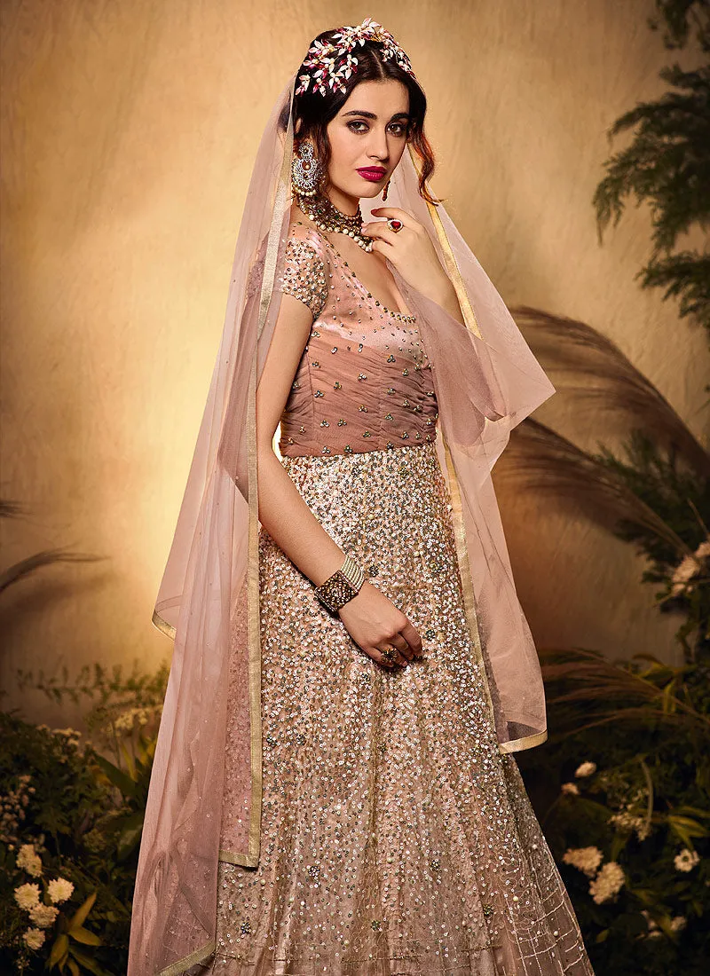 Peach Golden Sequence Embroidered Designer Wedding Gown