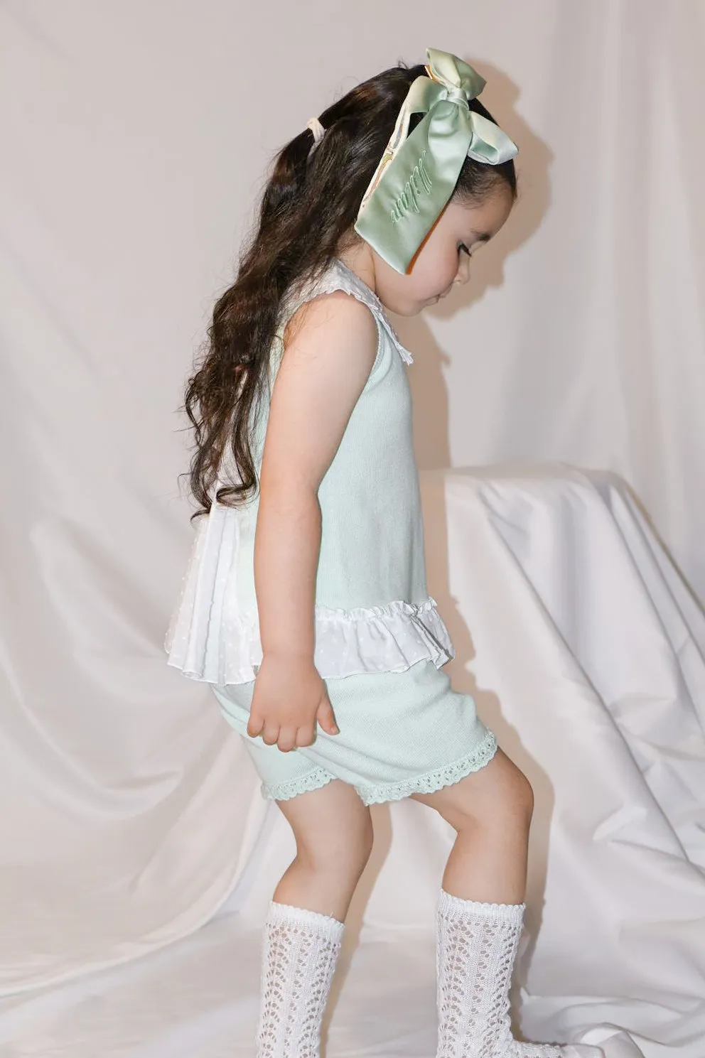 "Keke" Mint Plumeti Dot Bow Knit Blouse & Shorts