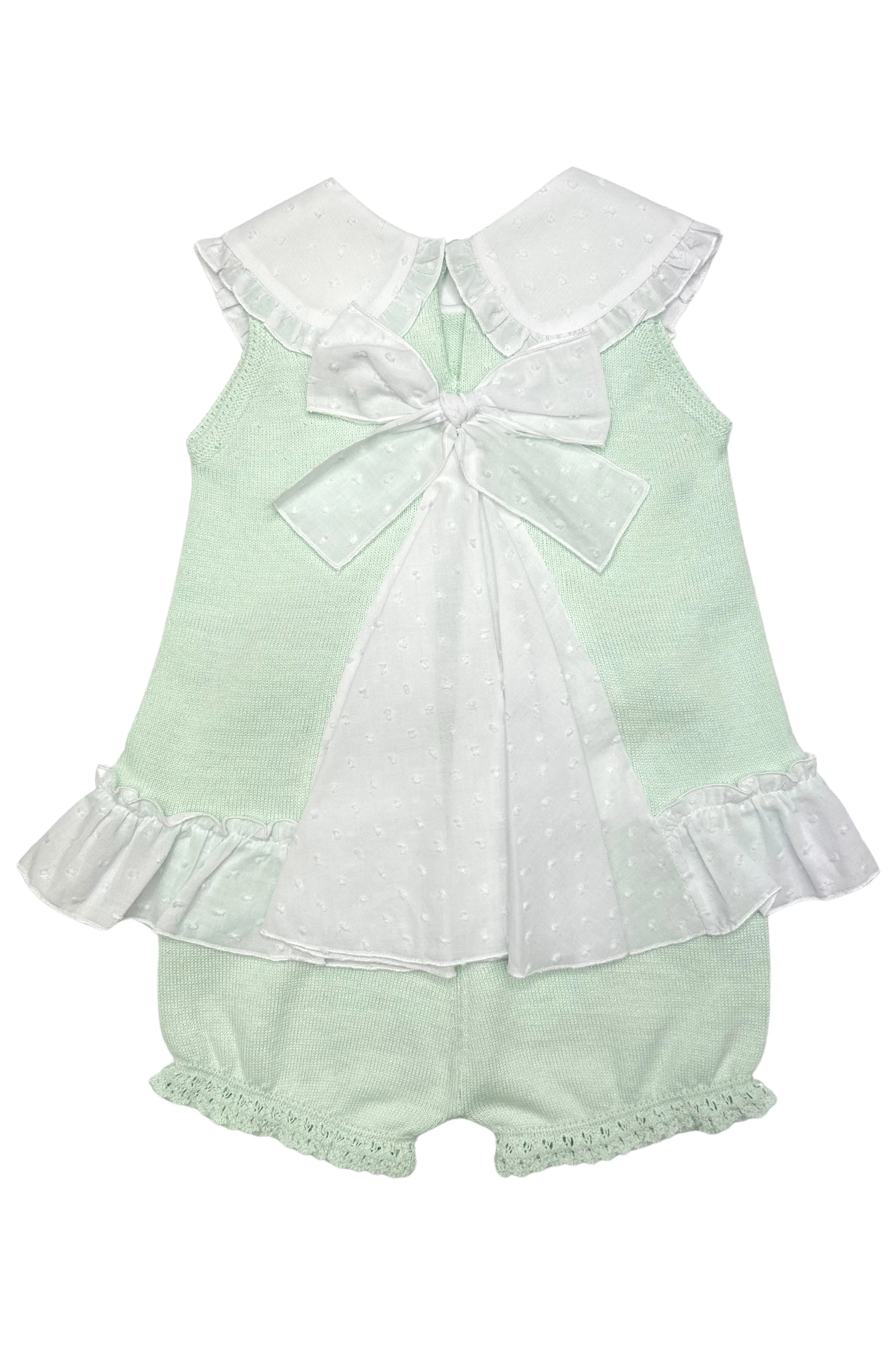 "Keke" Mint Plumeti Dot Bow Knit Blouse & Shorts