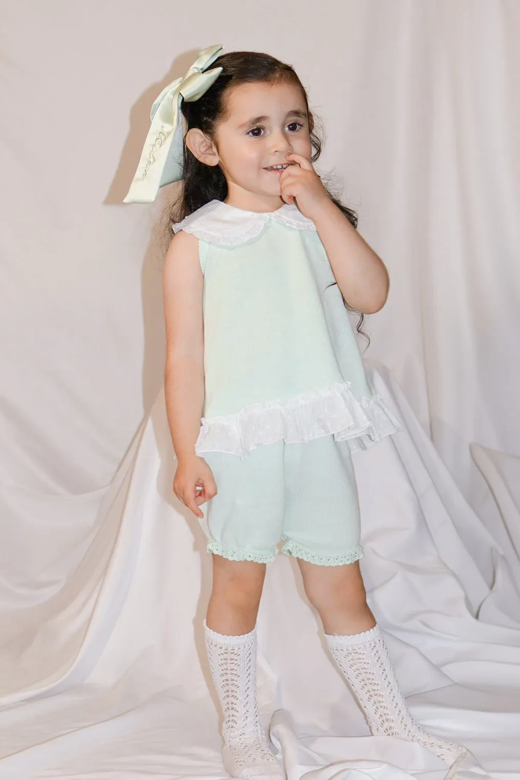 "Keke" Mint Plumeti Dot Bow Knit Blouse & Shorts