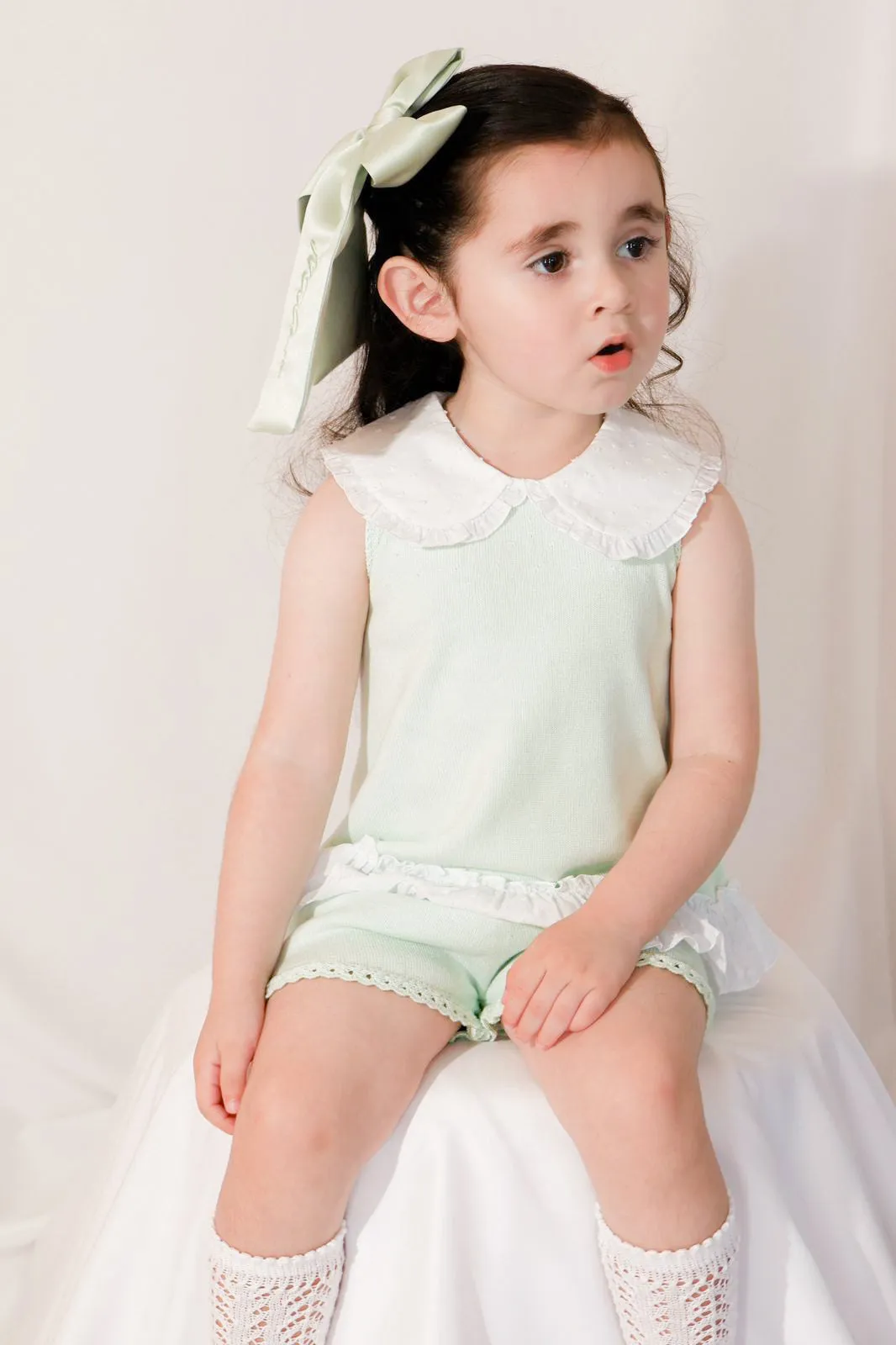 "Keke" Mint Plumeti Dot Bow Knit Blouse & Shorts