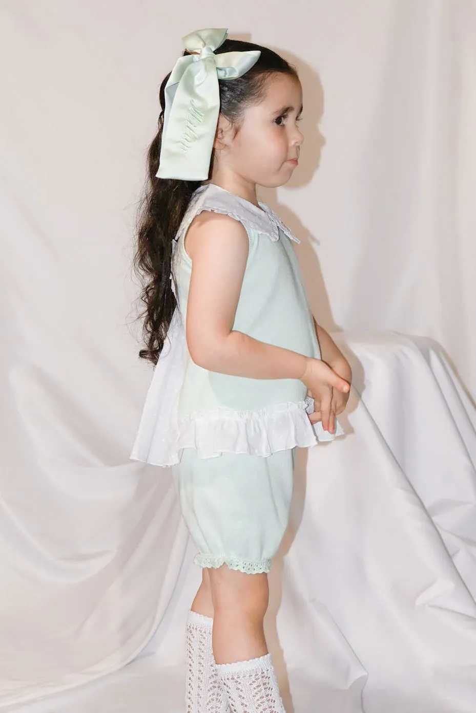 "Keke" Mint Plumeti Dot Bow Knit Blouse & Shorts