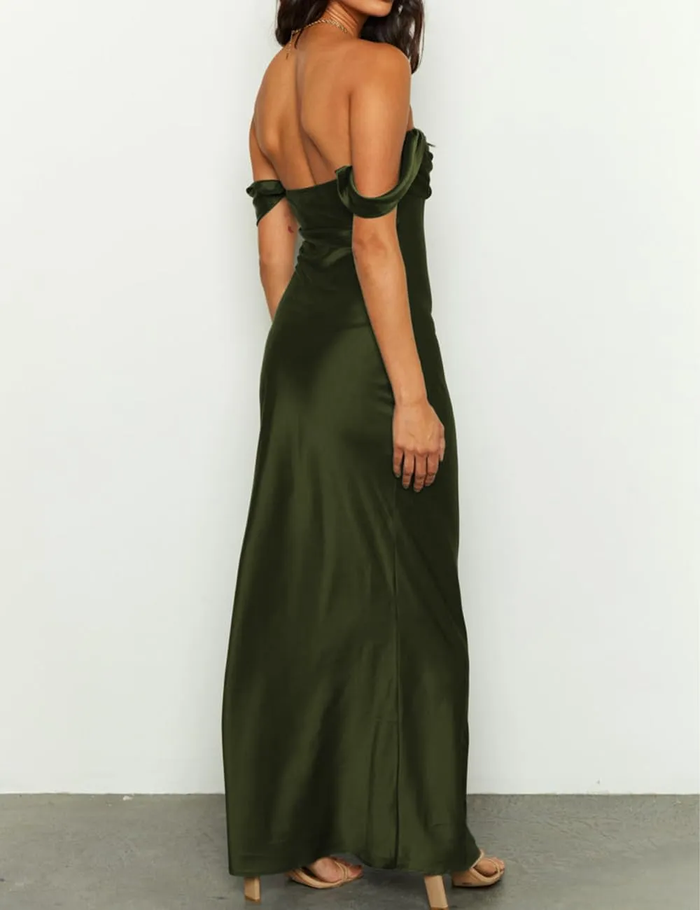 Realtix Elegant Satin Off The Shoulder Ruched Backless Maxi Dress for Women Strapless Tube Sleeveless Bridesmaid Dresses