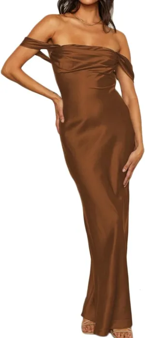Realtix Elegant Satin Off The Shoulder Ruched Backless Maxi Dress for Women Strapless Tube Sleeveless Bridesmaid Dresses