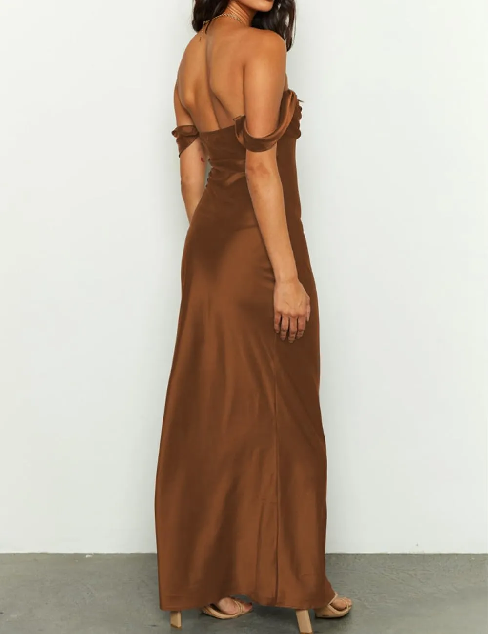 Realtix Elegant Satin Off The Shoulder Ruched Backless Maxi Dress for Women Strapless Tube Sleeveless Bridesmaid Dresses