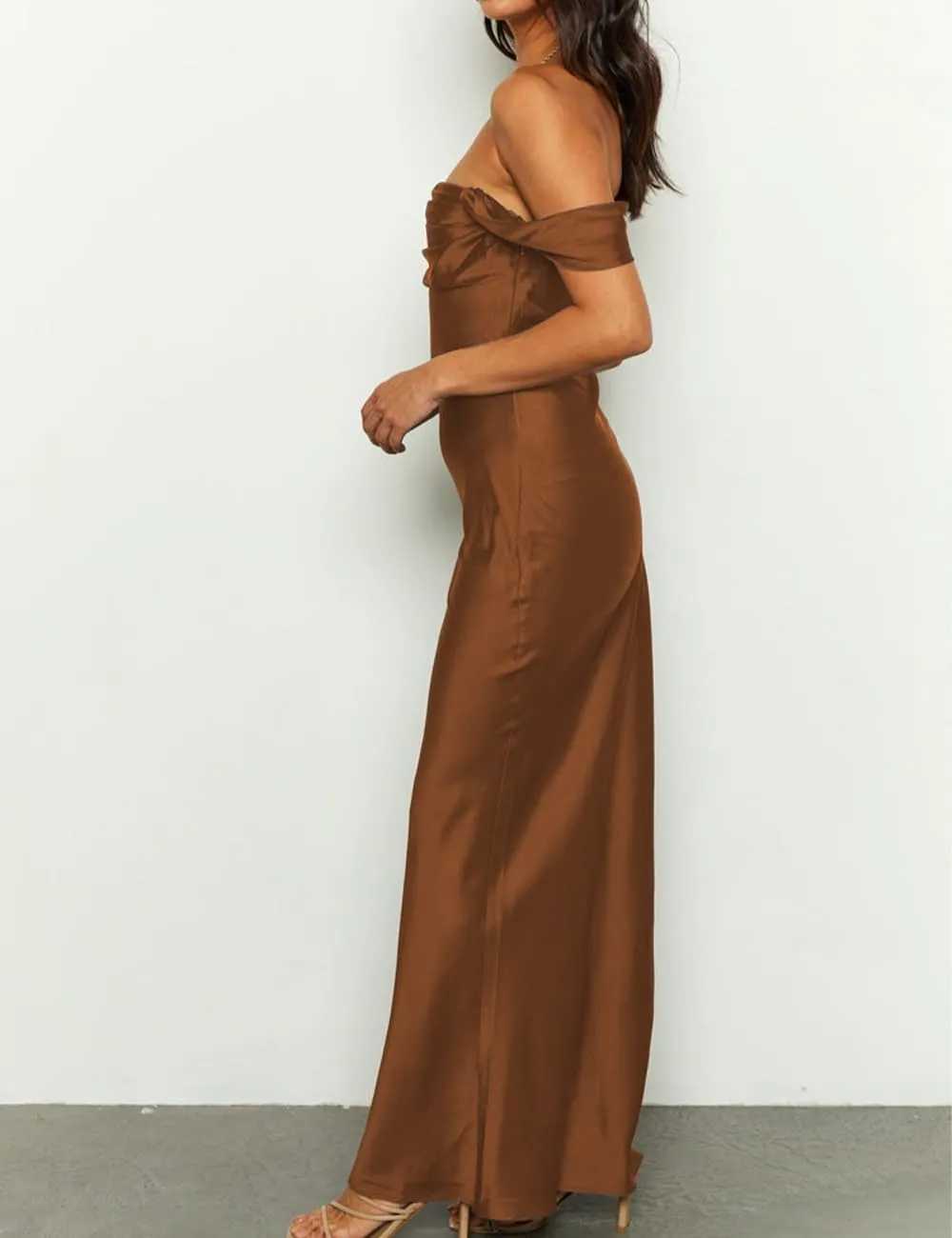 Realtix Elegant Satin Off The Shoulder Ruched Backless Maxi Dress for Women Strapless Tube Sleeveless Bridesmaid Dresses