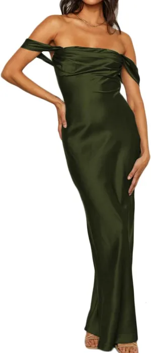 Realtix Elegant Satin Off The Shoulder Ruched Backless Maxi Dress for Women Strapless Tube Sleeveless Bridesmaid Dresses