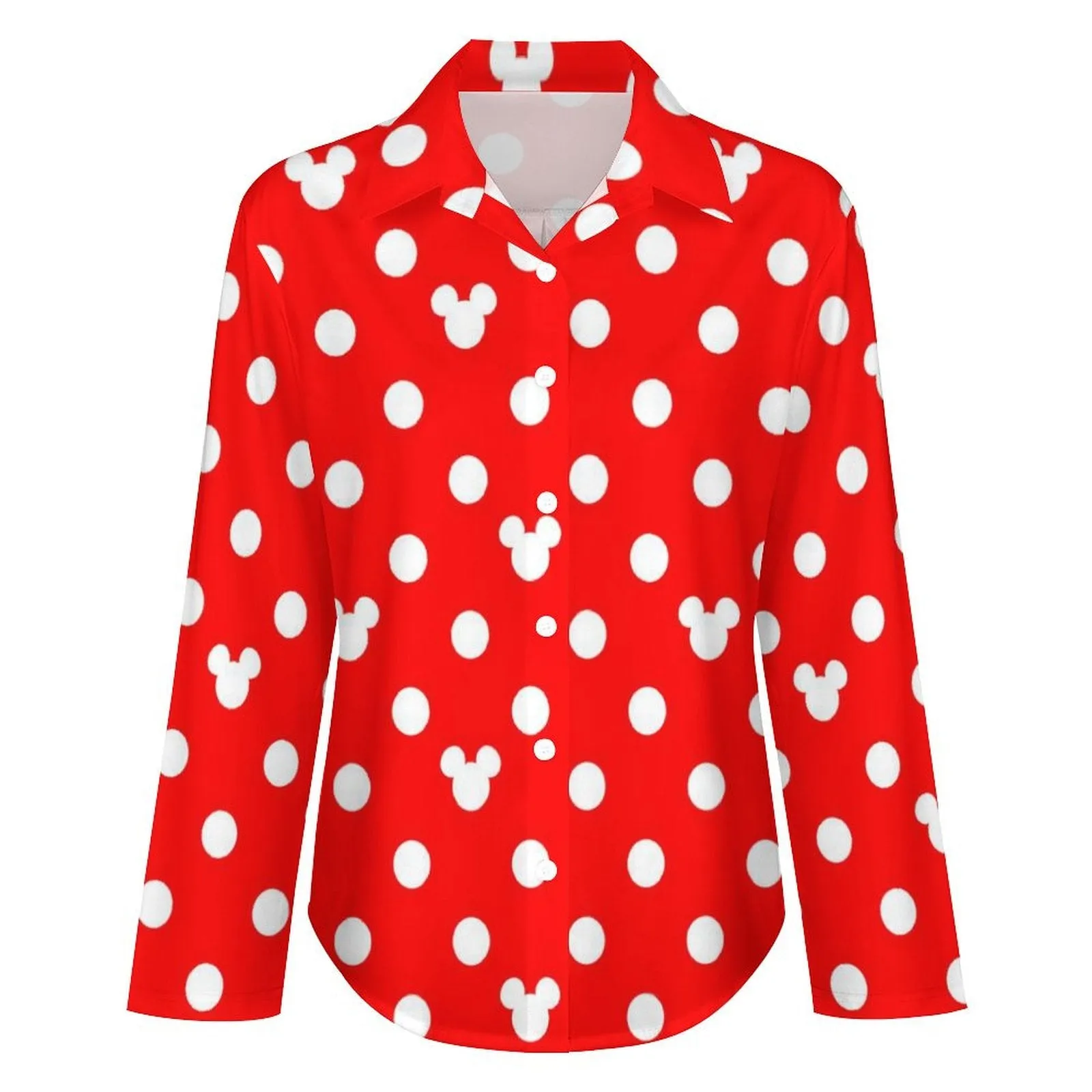 Red With White Mickey Polka Dots Long Sleeve Button Up Blouse