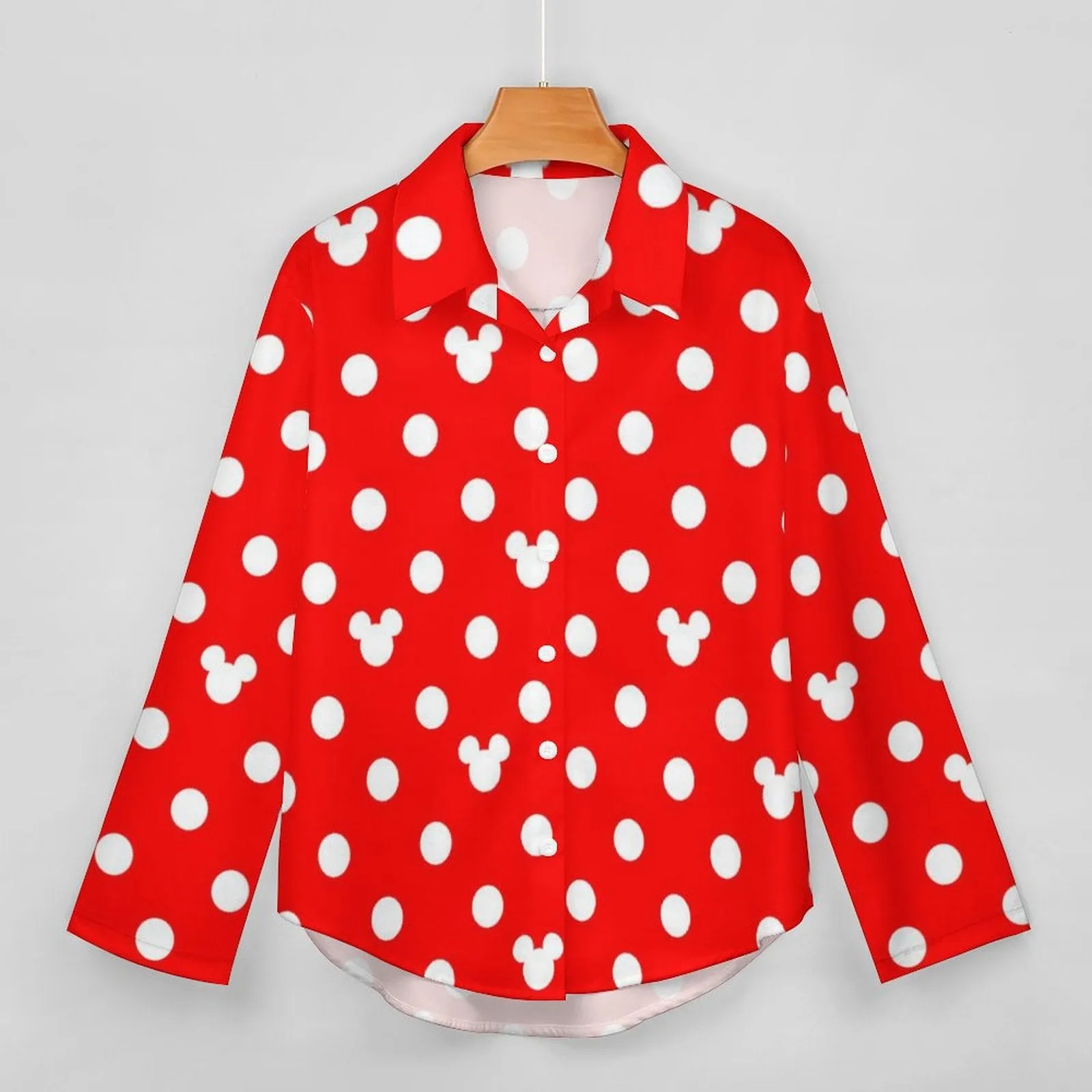 Red With White Mickey Polka Dots Long Sleeve Button Up Blouse