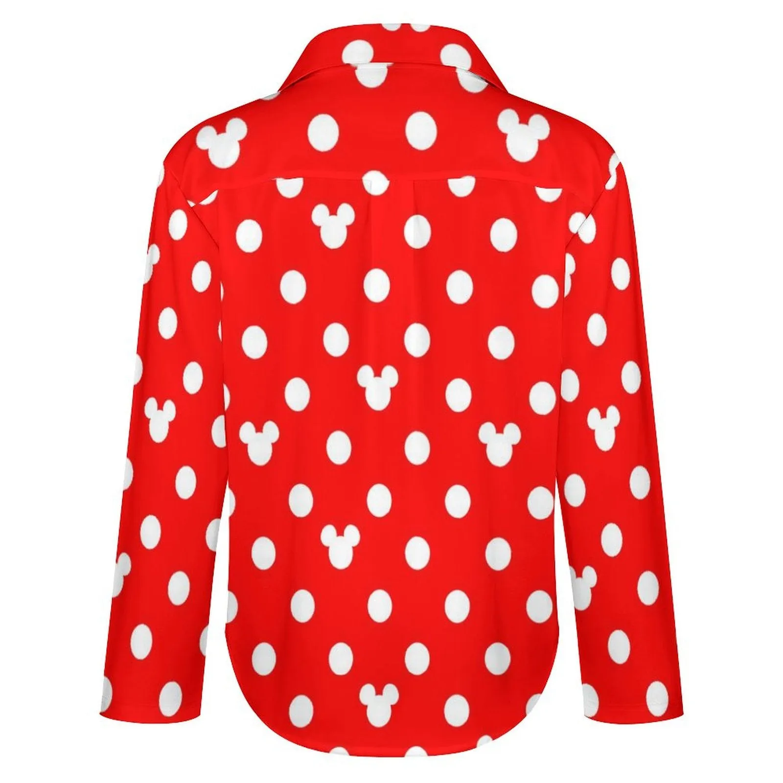 Red With White Mickey Polka Dots Long Sleeve Button Up Blouse