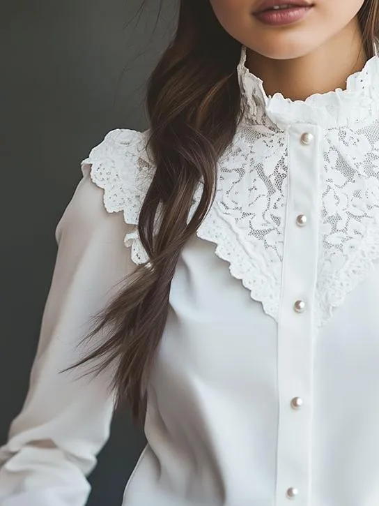 Retro Lace Patchwork Pearl Buttons Chiffon Shirt