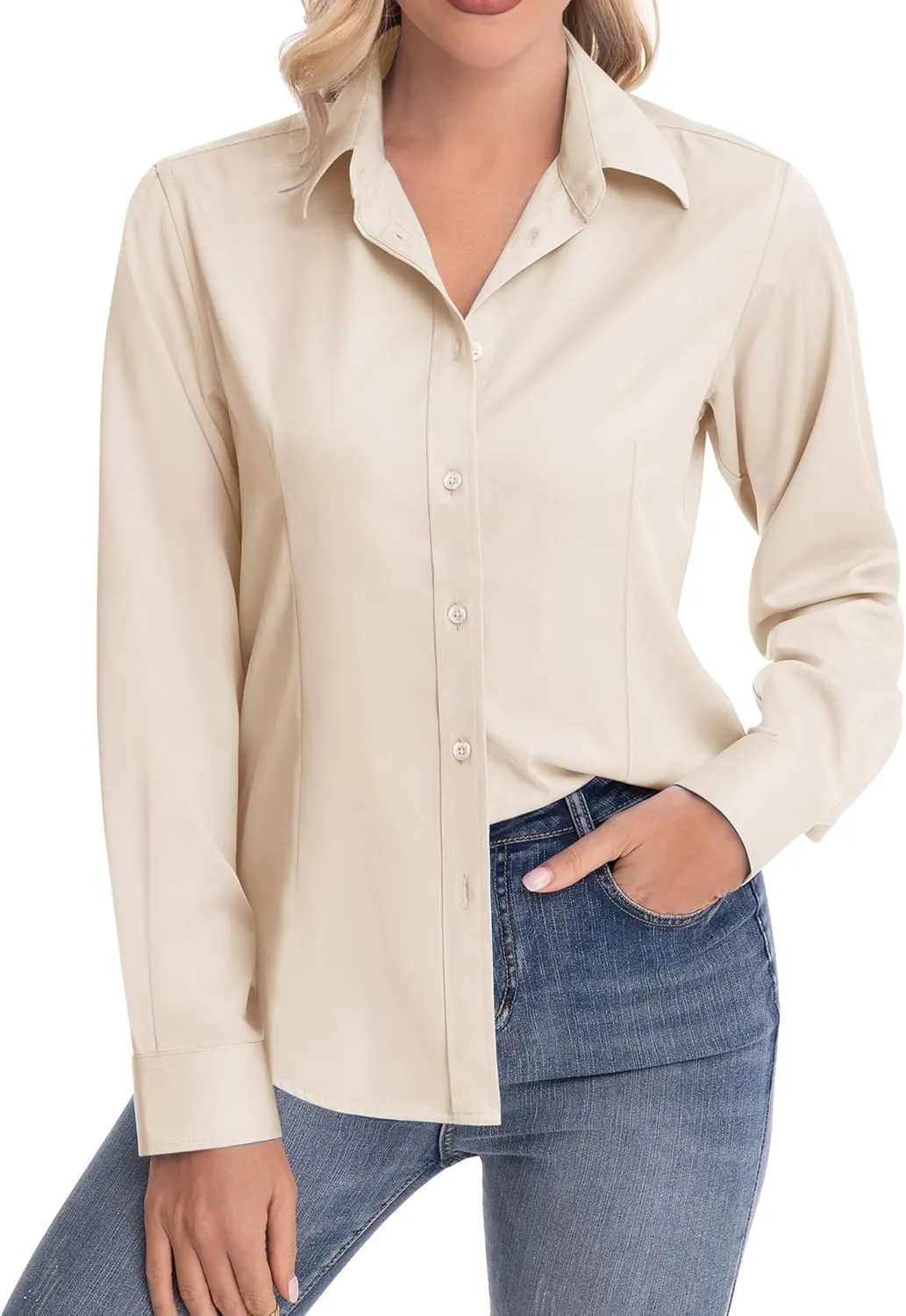 siliteelon Womens Classic-Fit Dress Shirts Long Sleeve Button Down Wrinkle-Free Stretch Solid Casual Work Office Blouse Top