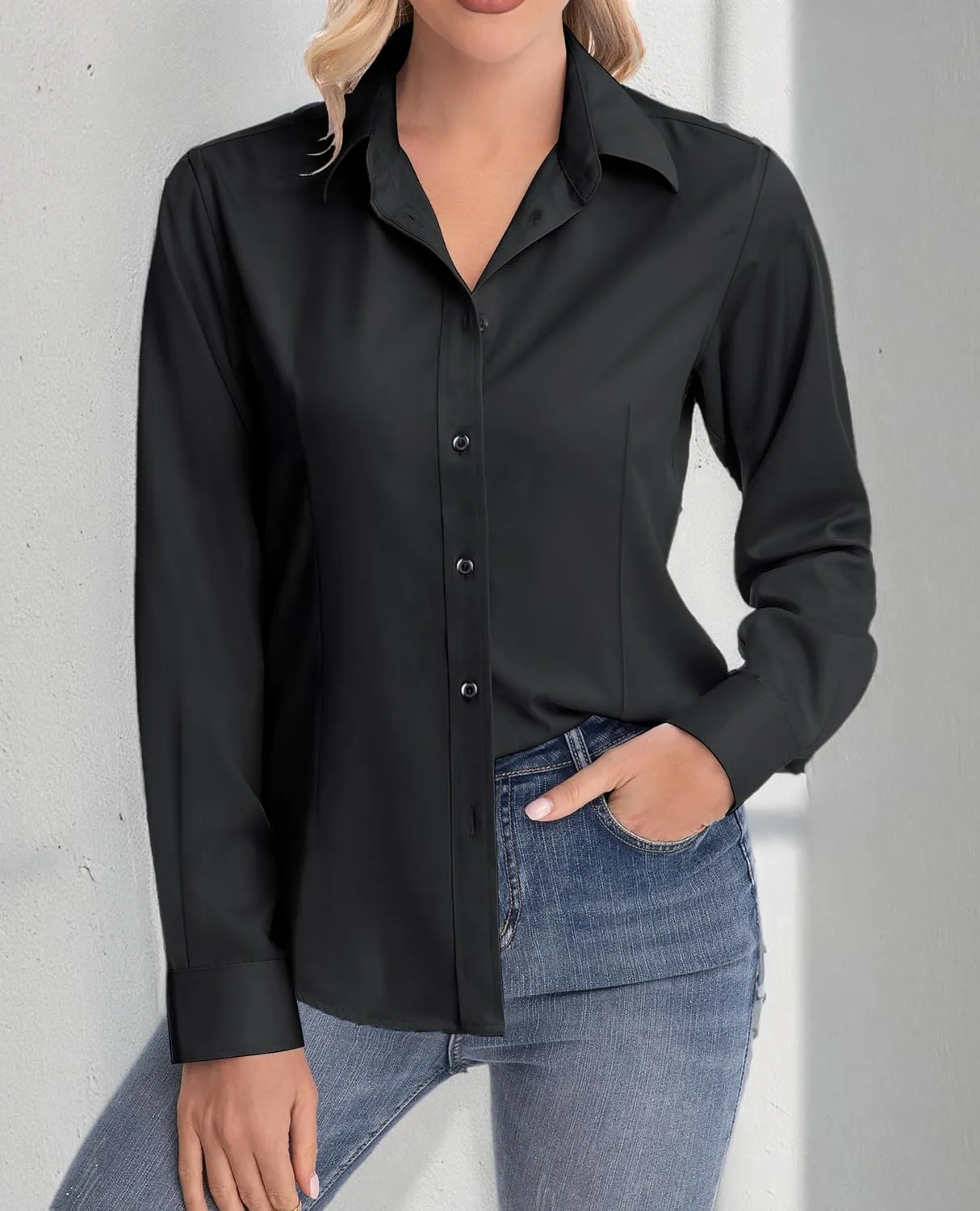 siliteelon Womens Classic-Fit Dress Shirts Long Sleeve Button Down Wrinkle-Free Stretch Solid Casual Work Office Blouse Top