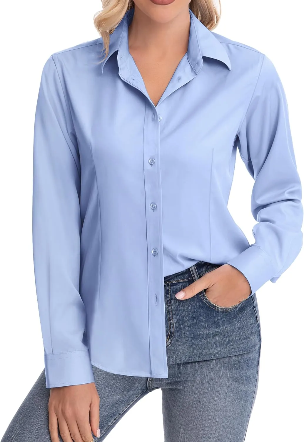 siliteelon Womens Classic-Fit Dress Shirts Long Sleeve Button Down Wrinkle-Free Stretch Solid Casual Work Office Blouse Top