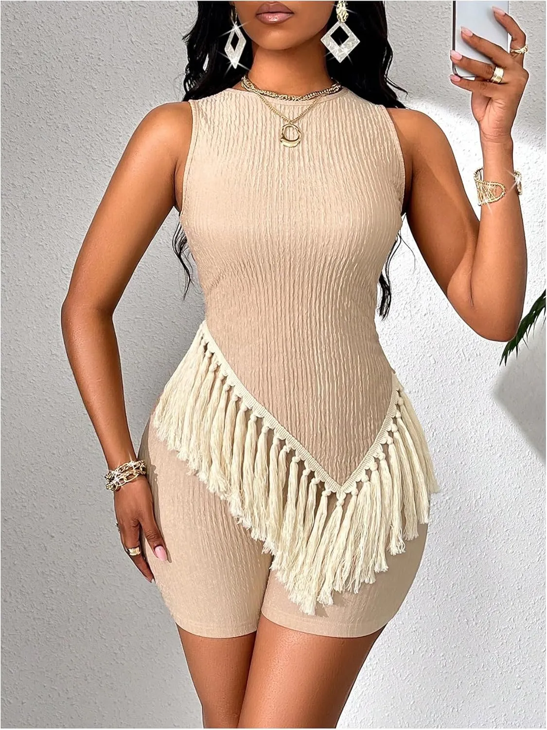 SOLY HUX Women's Biker Shorts Set Fringe Trim Asymmetrical Tank Top and Shorts Summer 2 Piece Outfits
