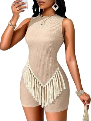 SOLY HUX Women's Biker Shorts Set Fringe Trim Asymmetrical Tank Top and Shorts Summer 2 Piece Outfits