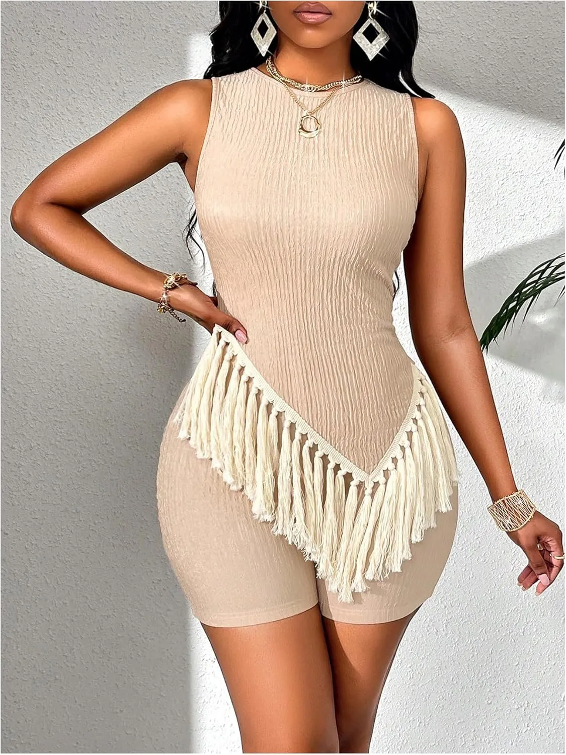 SOLY HUX Women's Biker Shorts Set Fringe Trim Asymmetrical Tank Top and Shorts Summer 2 Piece Outfits