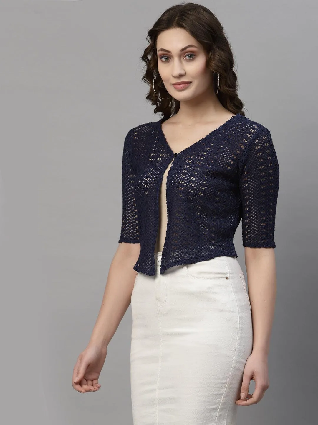 Style Quotient Women Self design Navy cotton lace regular smart casual shrug