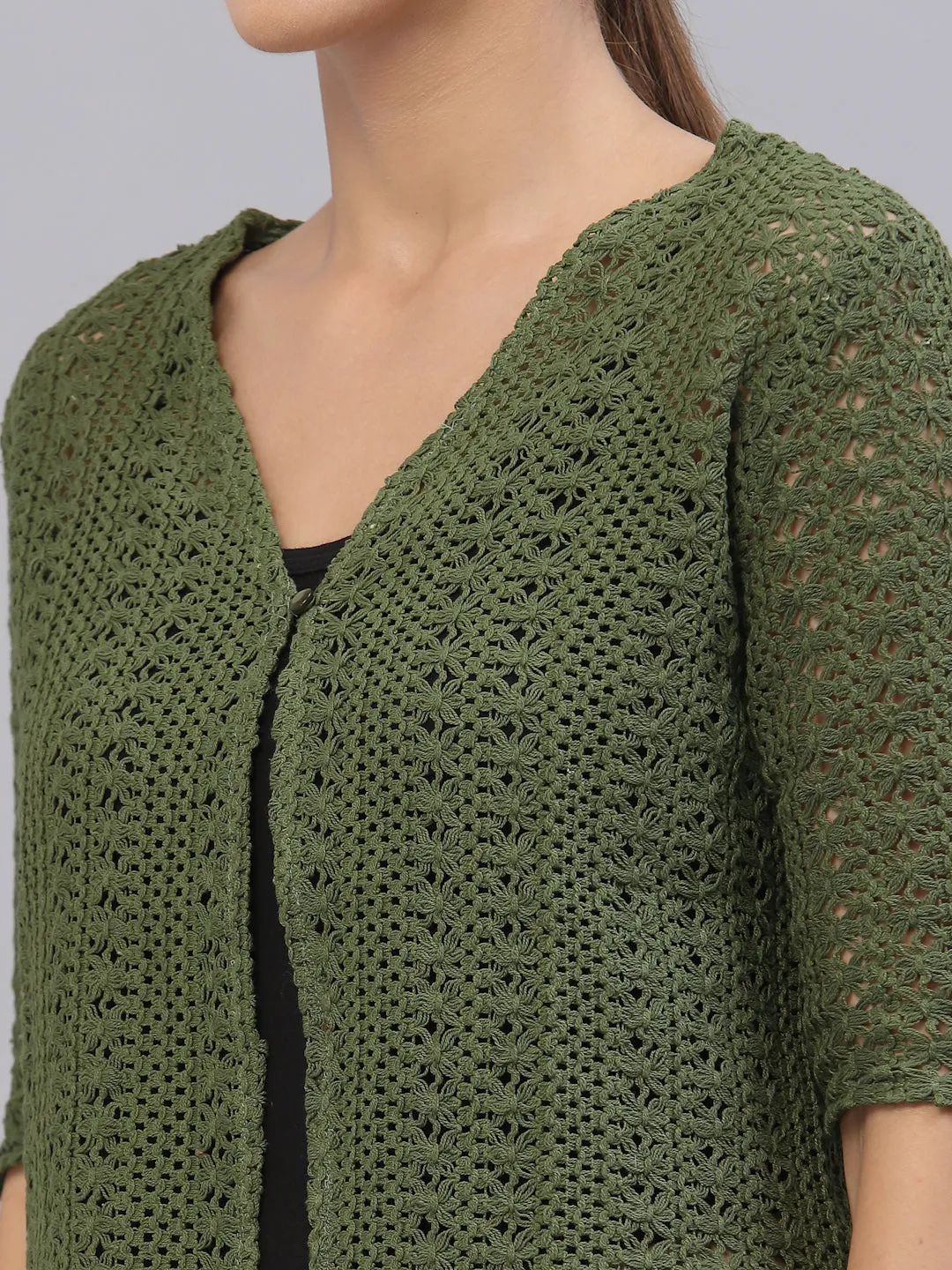 Style Quotient Women Self design olive cotton lace regular smart casual shrug