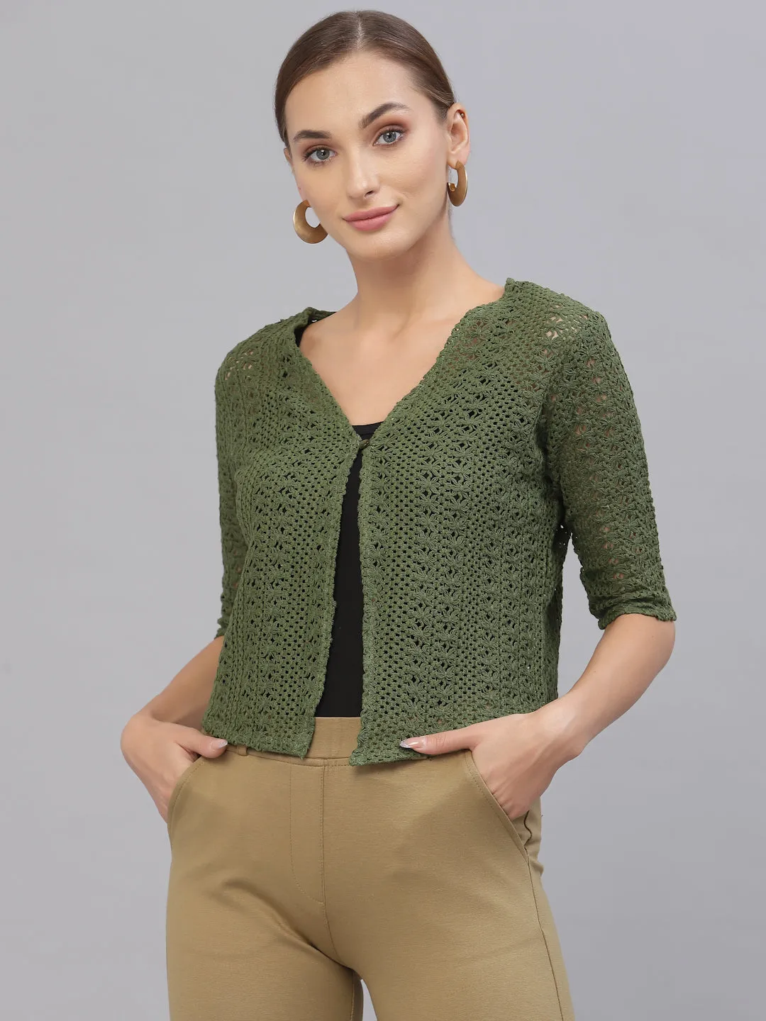 Style Quotient Women Self design olive cotton lace regular smart casual shrug