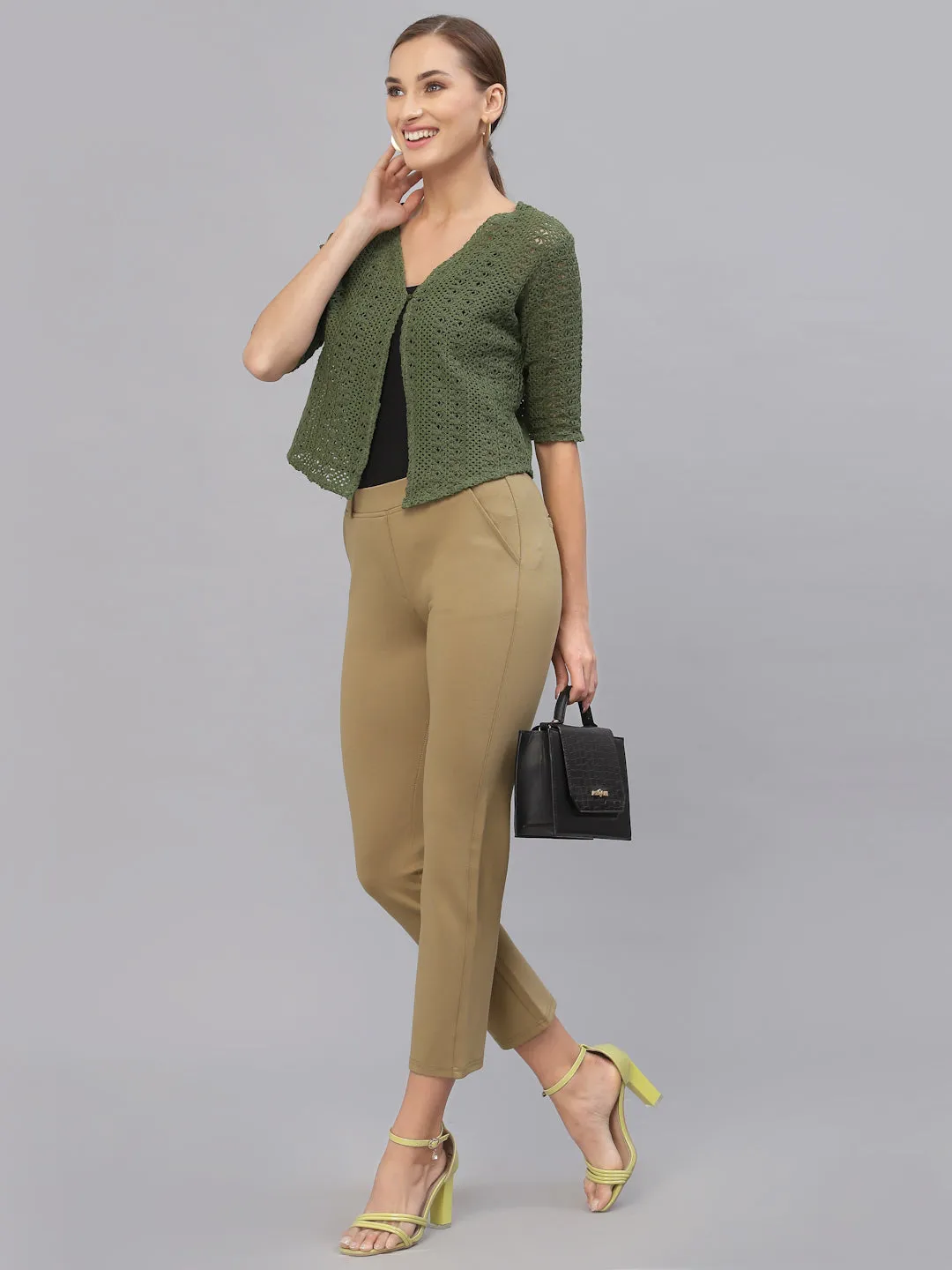 Style Quotient Women Self design olive cotton lace regular smart casual shrug