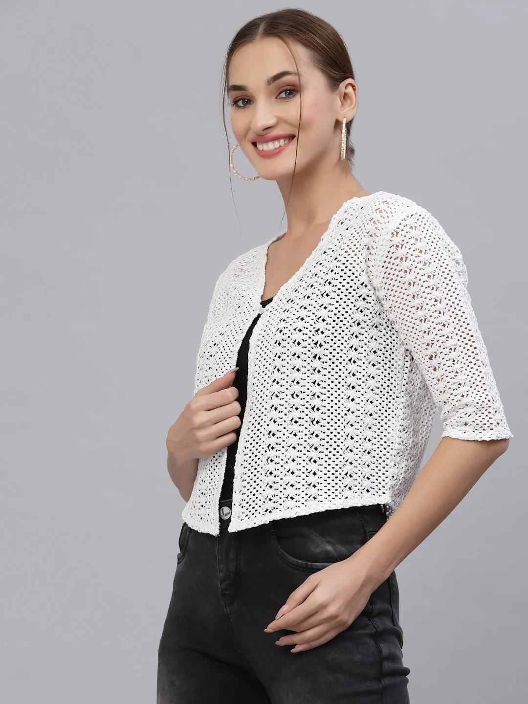 Style Quotient Women Self design white cotton lace regular smart casual shrug