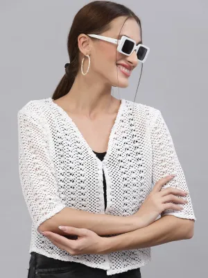 Style Quotient Women Self design white cotton lace regular smart casual shrug