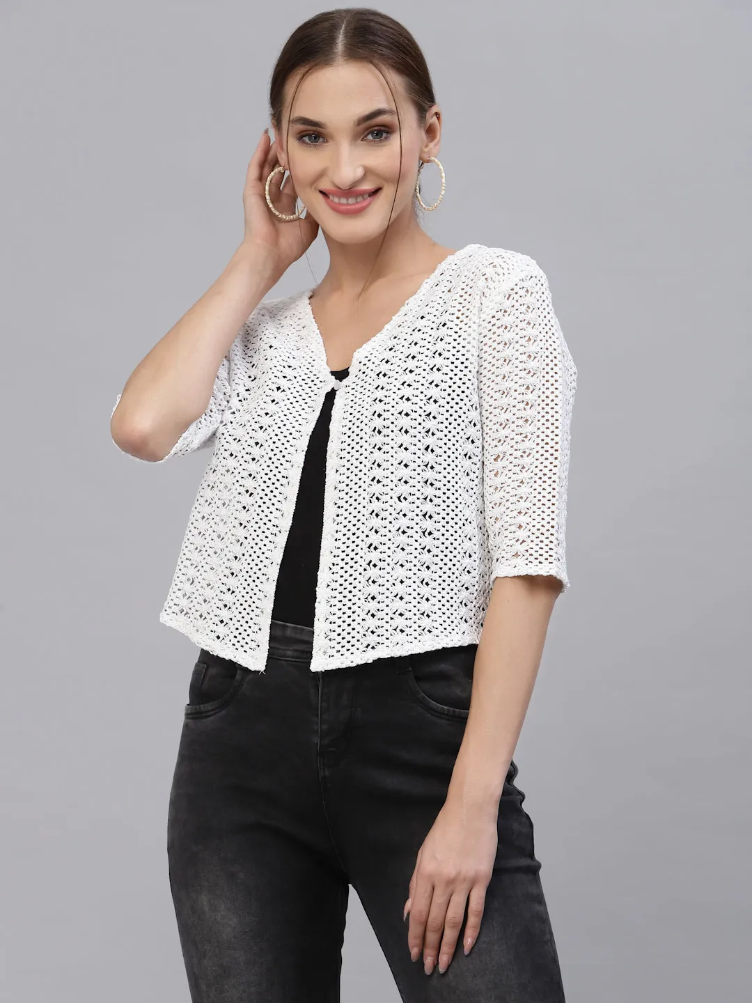 Style Quotient Women Self design white cotton lace regular smart casual shrug