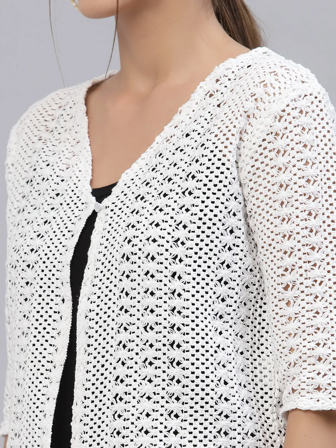 Style Quotient Women Self design white cotton lace regular smart casual shrug