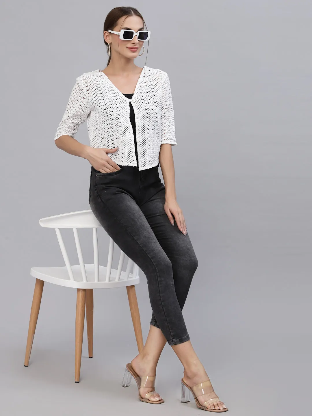 Style Quotient Women Self design white cotton lace regular smart casual shrug