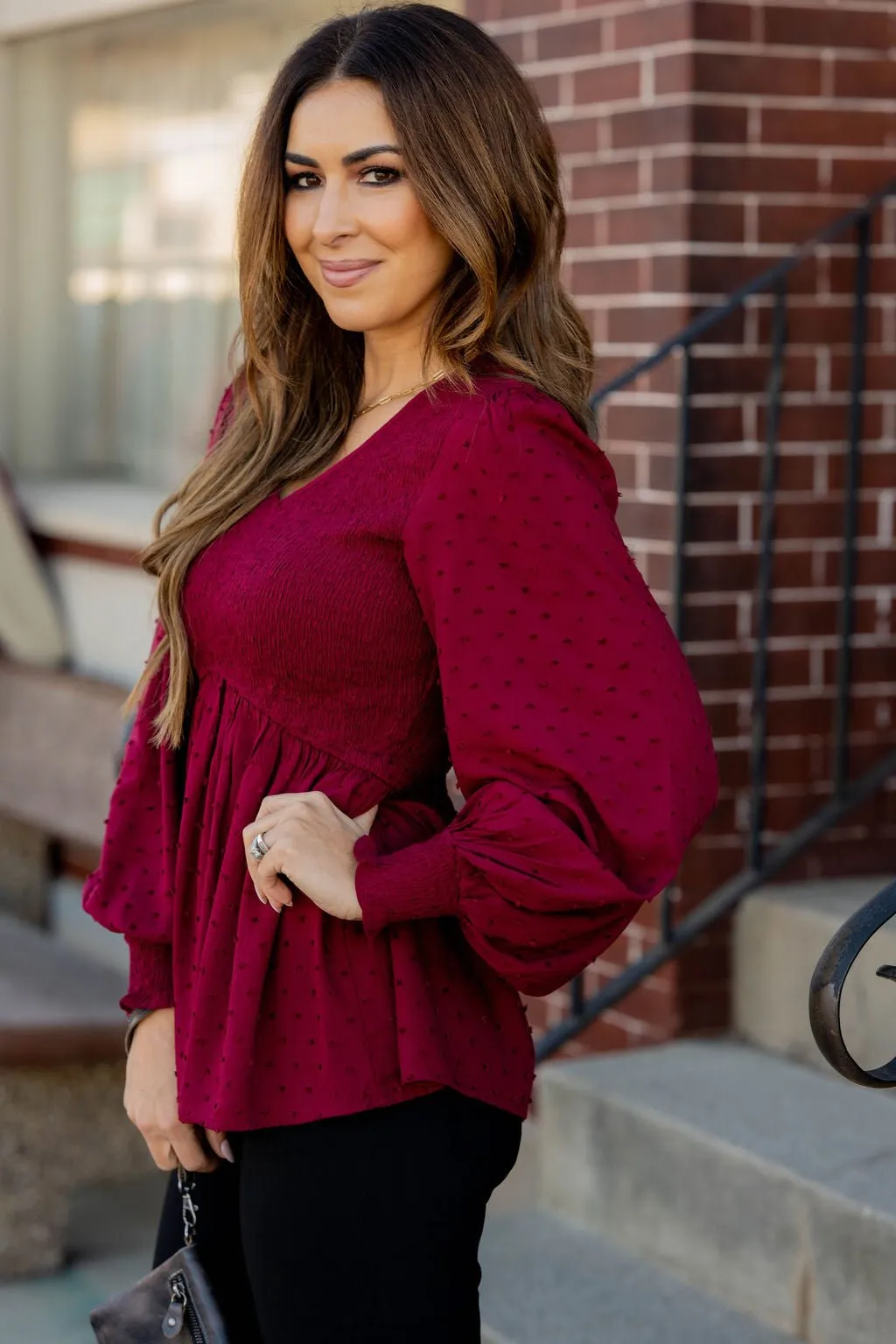 Swiss Dot Ruched Peplum Blouse