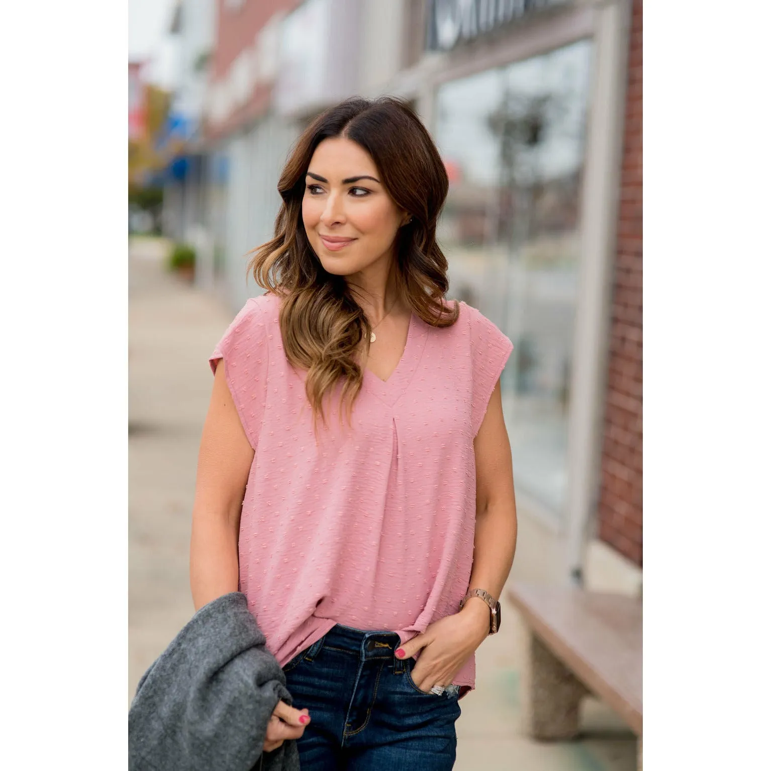Swiss Dot V-Neck Blouse