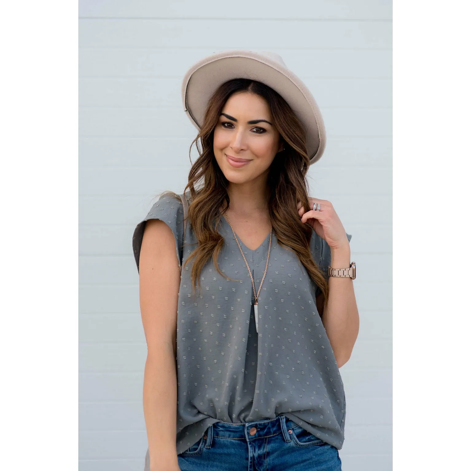 Swiss Dot V-Neck Blouse