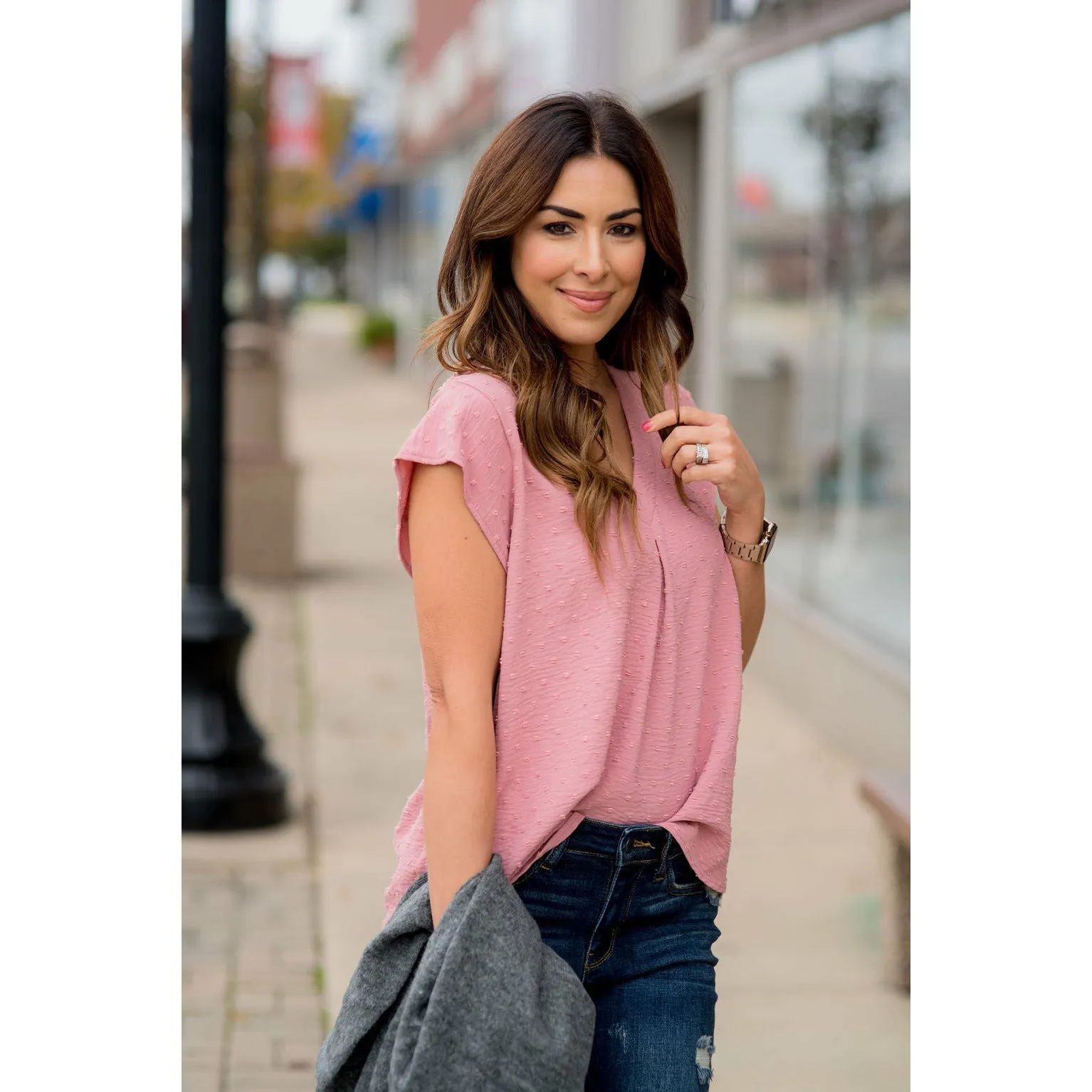 Swiss Dot V-Neck Blouse