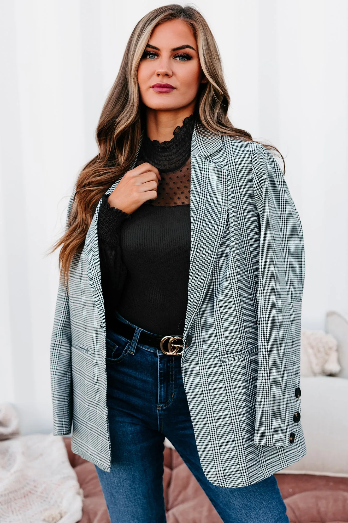 Time Is Money Oversized Plaid Blazer (Black)