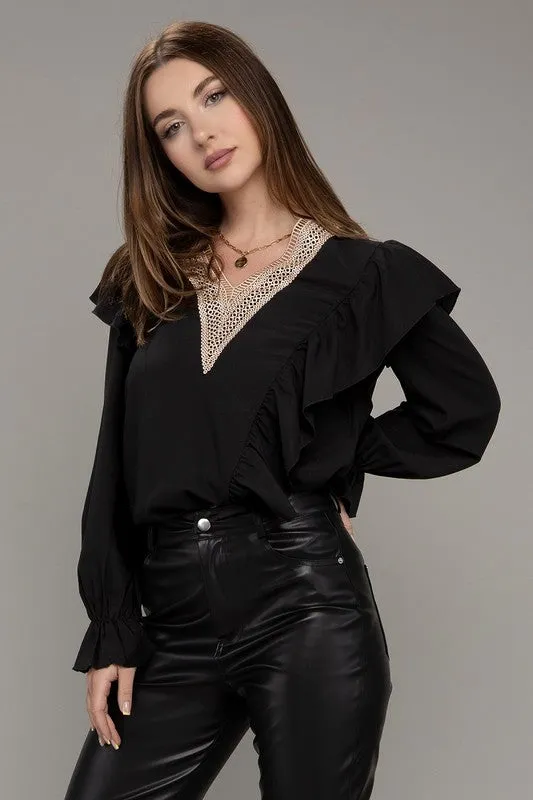 V Neck Lace Trim Long Sleeve Blouse