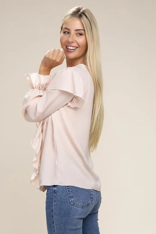 V Neck Lace Trim Long Sleeve Blouse