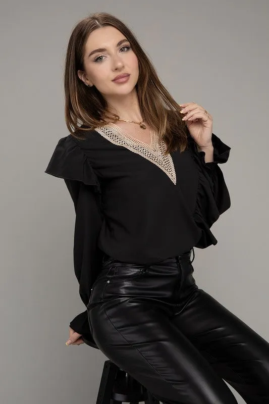 V Neck Lace Trim Long Sleeve Blouse