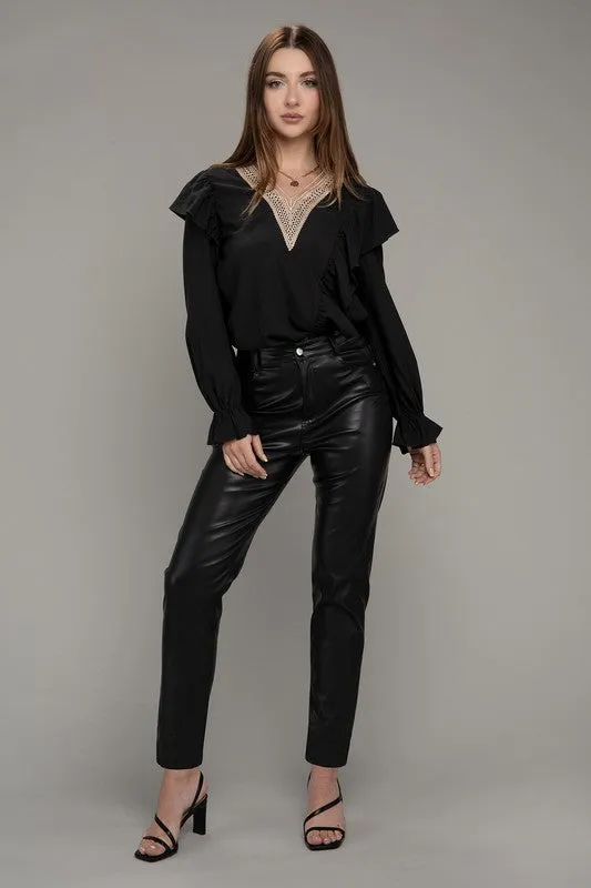 V Neck Lace Trim Long Sleeve Blouse
