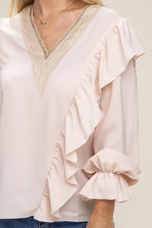V Neck Lace Trim Long Sleeve Blouse