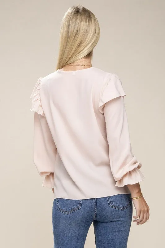 V Neck Lace Trim Long Sleeve Blouse