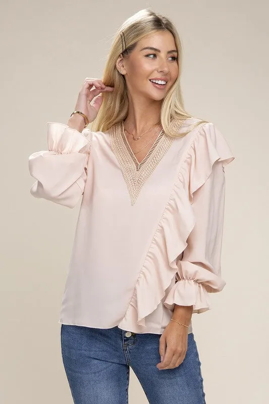 V Neck Lace Trim Long Sleeve Blouse
