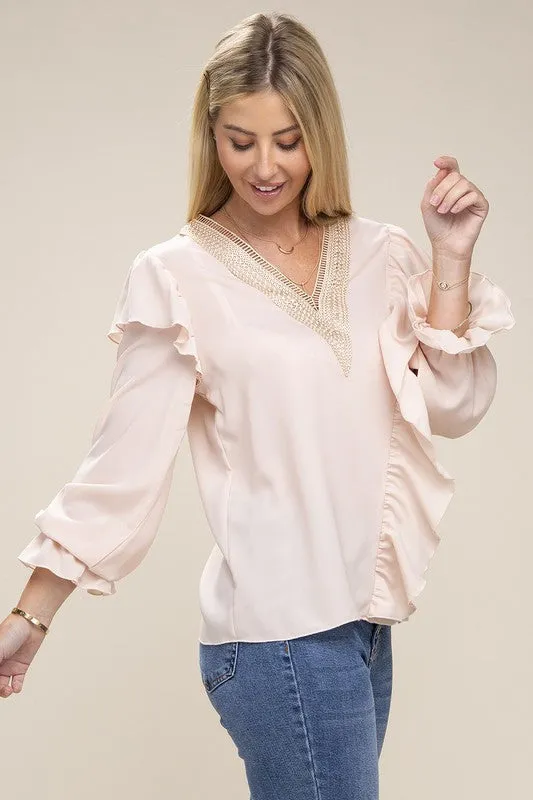 V Neck Lace Trim Long Sleeve Blouse
