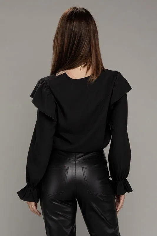 V Neck Lace Trim Long Sleeve Blouse