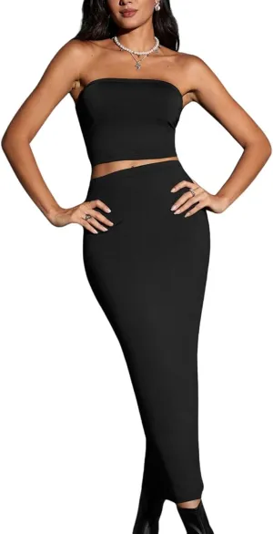 Verdusa Women's 2 Piece Outfits Sleeveless Crop Tube Top and Maxi Pencil Long Skirt Set