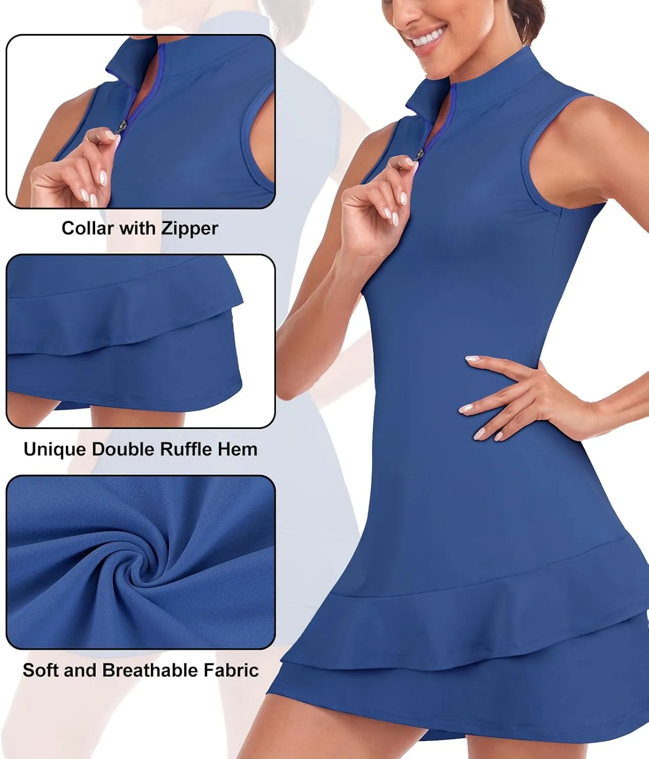 Viracy Tennis Dress for Women Sleeveless Golf Dresses with Shorts and Pockets Ruffle Zip Up Stand Collar Golf Outfits