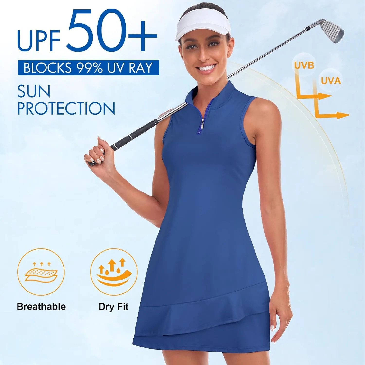 Viracy Tennis Dress for Women Sleeveless Golf Dresses with Shorts and Pockets Ruffle Zip Up Stand Collar Golf Outfits