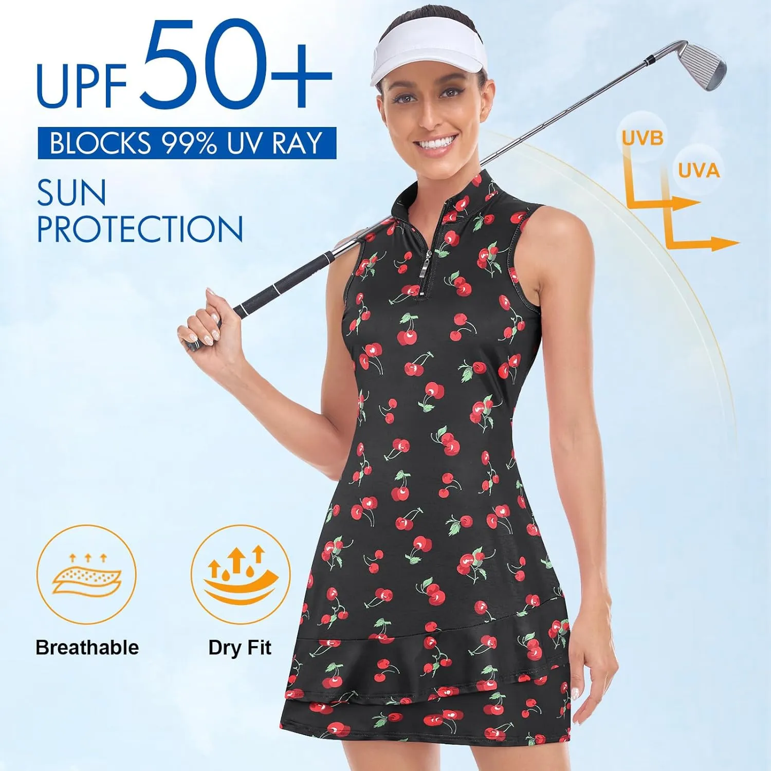 Viracy Tennis Dress for Women Sleeveless Golf Dresses with Shorts and Pockets Ruffle Zip Up Stand Collar Golf Outfits